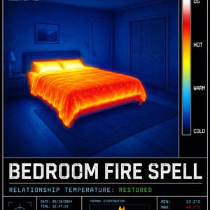 May include: A thermal imaging report titled BEDROOM FIRE SPELL showing a bedroom with a bed glowing in orange and red hues, indicating high heat. The graphic includes a vertical temperature scale, a histogram, and data points like 48.7°C max.