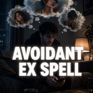 May include: A digital illustration featuring a person sitting in a dark room looking at a phone, with three thought bubbles above containing images of a woman in different poses. The text AVOIDANT EX SPELL is displayed in large white letters.