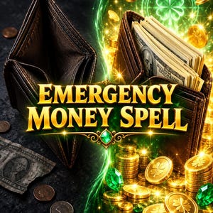 May include: A brown leather wallet containing stacks of US dollar bills, surrounded by gold coins with clover emblems, green gemstones, and glowing light effects. The text EMERGENCY MONEY SPELL is centred in bold gold lettering over the image.