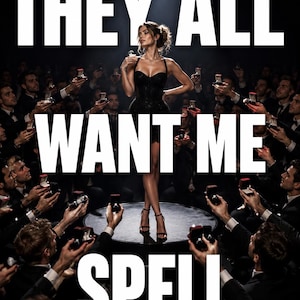 Puede incluir: Una persona con un vestido corsé negro de pie sobre una plataforma circular, rodeada por una multitud que sostiene cajas de anillos abiertas. El texto "THEY ALL WANT ME SPELL" está superpuesto en letras blancas grandes en el centro.