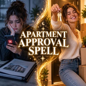 Könnte beinhalten: Eine digitale Grafik mit dem Text APARTMENT APPROVAL SPELL. Links schaut eine Person traurig auf ein Smartphone mit einem roten X-Symbol. Rechts lächelt eine Person und hält einen Schlüsselbund neben Umzugskartons in die Höhe.