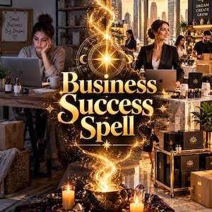 May include: A digital graphic featuring the gold text Business Success Spell centered over a dark cauldron emitting glowing light. The scene includes two people working on laptops in an office setting with city views and various product boxes.