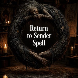 Può includere: Una composizione circolare scura che raffigura una figura anziana e rugosa con lunghi capelli spettinati, ripiegata a forma di anello. Il testo 'Return to Sender Spell' è centrato in lettere bianche. La scena include candele accese.