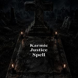 May include: A dark stone tombstone featuring a cross at the top and four lit black candles placed at the corners. The text "Karmic Justice Spell" is printed in white in the center of the tombstone, set against a dim, foggy graveyard background.