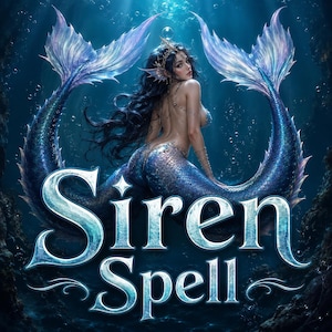 Peut inclure: Une illustration numérique représentant une sirène aux longs cheveux sombres et à la queue bleu et violet chatoyante, située dans des eaux profondes avec des bulles. Le texte Siren Spell apparaît en grandes lettres métalliques bleu glacier.