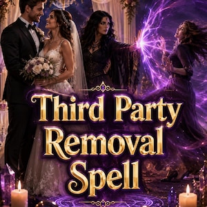 May include: A digital illustration featuring a couple in wedding attire, a dark-haired figure casting a purple magical energy, and a woman reacting to the spell. The text "Third Party Removal Spell" is centered in gold lettering over a purple circle.