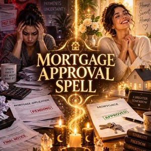May include: A digital illustration titled Mortgage Approval Spell featuring two contrasting scenes of a person stressed over bills and a person smiling with a mortgage approval document, surrounded by candles, crystals, and a small house model.