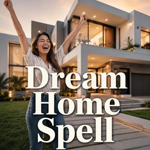 May include: A person with arms raised in celebration standing in front of a modern two-storey house with large glass windows and warm exterior lighting. The text "Dream Home Spell" is overlaid in large white serif letters across the centre.