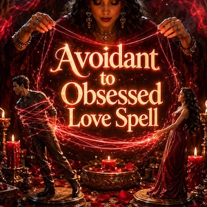 以下が含まれることがあります： 「Avoidant to Obsessed Love Spell」という文字が輝く金色の文字で描かれたデジタルイラスト。暗い服を着た人物が円形の台座の上に立ち、赤い光の糸で包まれており、向かい側には赤いドレスを着た人物が立っている。