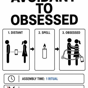 May include: A black and white infographic titled AVOIDANT TO OBSESSED. It shows three steps: 1. DISTANT with two figures and a phone, 2. SPELL with a candle, and 3. OBSESSED with figures tied by a phone cord. Text includes ASSEMBLY TIME: 1 RITUAL and TOOLS NOT INCLUDED: SELF-RESPECT.