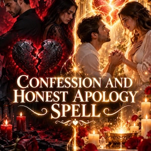 Pode incluir: Uma ilustração digital intitulada Confession and Honest Apology Spell com uma composição dividida. O lado esquerdo mostra um casal com roupas escuras e um coração partido, enquanto o lado direito retrata um casal de branco com um coração brilhante.