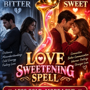 May include: A digital graphic titled LOVE SWEETENING SPELL featuring a golden spoon pouring liquid into a heart. The left side shows a couple apart with text BITTER, Distance, Misunderstandings, Cold Energy, Fading Love. The right shows a couple embracing with text SWEET, Connection, Better Communication, Warmer Feelings, Stronger Love. Bottom text reads LESS COLD. MORE LOVE.