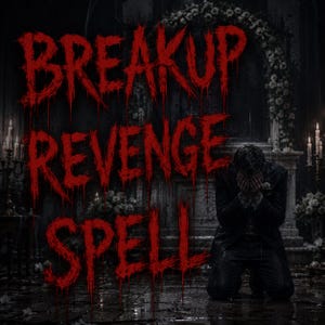 May include: A digital graphic featuring the text BREAKUP REVENGE SPELL in a dripping, blood-red font. The background depicts a dark, somber scene with a person kneeling in a suit, covering their face with their hands before a stone altar.