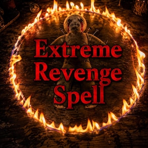 Puede incluir: Una muñeca de tela beige con rasgos faciales cosidos y alfileres insertados en los hombros, colocada dentro de un anillo circular de llamas de color naranja brillante. El texto Extreme Revenge Spell aparece en letras rojas sobre la muñeca.