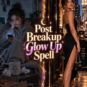 May include: A split-screen graphic featuring text that reads Post Breakup Glow Up Spell. On the left, a person in a gray hoodie looks at a phone next to a mug labeled Still Healing. On the right, a person in a black dress and heels stands outdoors.