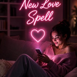 Puede incluir: Un letrero de neón rosa brillante que muestra el texto New Love Spell sobre una forma de corazón luminosa. La luz de neón proyecta un suave resplandor rosa sobre el área circundante, iluminando la escena con una vibrante paleta de colores rosa.