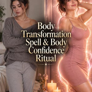 Pode incluir: Um gráfico digital com o texto Body Transformation Spell & Body Confidence Ritual. A imagem mostra duas figuras, uma com um suéter e calças de moletom cinzas, e outra com um vestido rosa cercada por um efeito de luz brilhante.