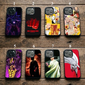 May include: Eight smartphone cases featuring One Punch Man character graphics. Designs include a purple cosmic figure, a red fist, yellow collages, multiple Saitama expressions, a glowing purple entity, a dark silhouette, a caped hero, and a white-caped figure.