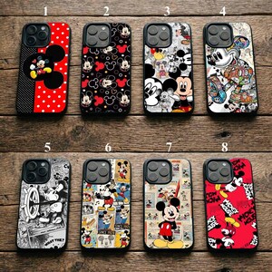 May include: Eight smartphone cases featuring various Mickey Mouse designs. Case 1 has red polka dots, 2 has a black Mickey pattern, 3 and 7 show comic strips, 4 is a colorful collage, 5 is black and white, 6 is a vintage grid, and 8 is red with text.