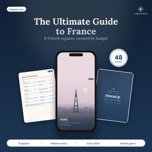 May include: A digital travel guide titled The Ultimate Guide to France featuring 48 pages, displayed on a smartphone screen alongside two open pages showing hotel and accommodation listings and a dark blue cover with the Compass Guide logo.