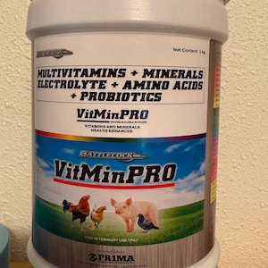 May include: A large white plastic container with a blue lid containing VitMinPRO water soluble powder. The label features the text Multivitamins + Minerals Electrolyte + Amino Acids + Probiotics, a net content of 1kg, and images of animals.