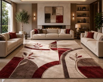 Modern Abstract Area Rug | Red Beige Floral Geometric Plush Carpet