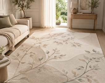 Botanical Area Rug, Cream Beige Floral Nature Inspired Living Room Home Decor
