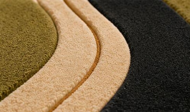 May include: A textured rug featuring curved, layered sections in olive green, cream, and black. The surface has a dense, looped pile construction with distinct raised edges that define the flowing, organic shapes across the fabric material.