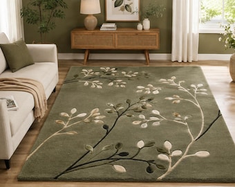 Sage Green Floral Hand Tufted Wool Rug – Botanical Branch Area Carpet