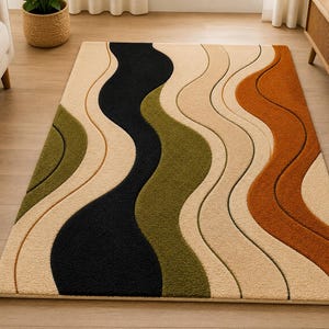 May include: A rectangular area rug featuring a series of vertical, undulating wave patterns. The design incorporates a palette of black, olive green, burnt orange, and cream, with recessed lines creating a textured, layered appearance.
