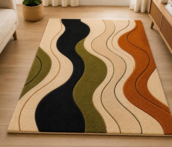Modern Abstract Wavy Area Rug, Black Olive Green Rust Orange Ivory (Contemporary Geometric)