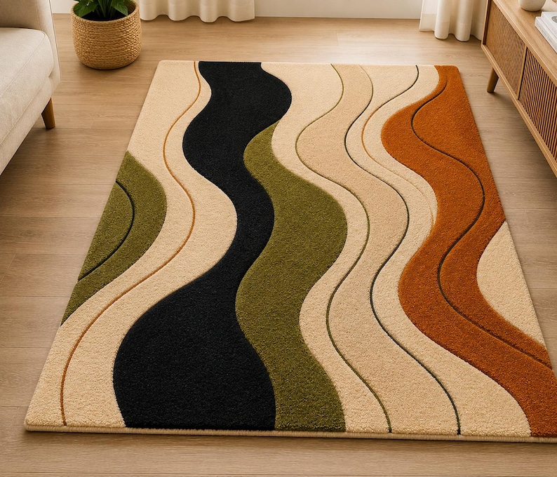 May include: A rectangular area rug featuring a series of vertical, undulating wave patterns. The design incorporates a palette of black, olive green, burnt orange, and cream, with recessed lines creating a textured, layered appearance.