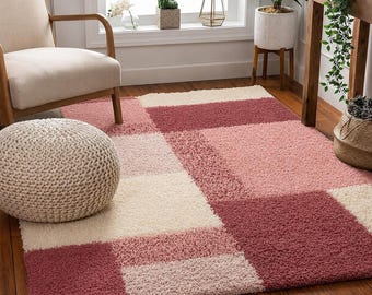 Ultra Soft Pink Geometric Shag Rug | Plush Fluffy Carpet for Living Room, Bedroom, Nursery