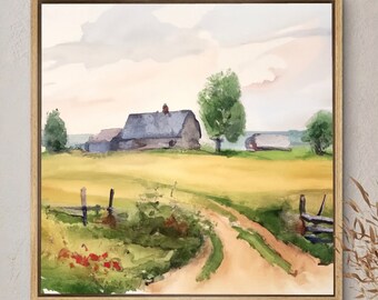 Watercolor barn landscape poster, Serene watercolor, landscape print, living room poster modern, farmhouse art, Poster art print.