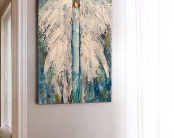 Angel Art print, angels in Art, Poster of angel, Print of angel, The print depicts an angel with ethereal wings, gracefully amidst clouds.