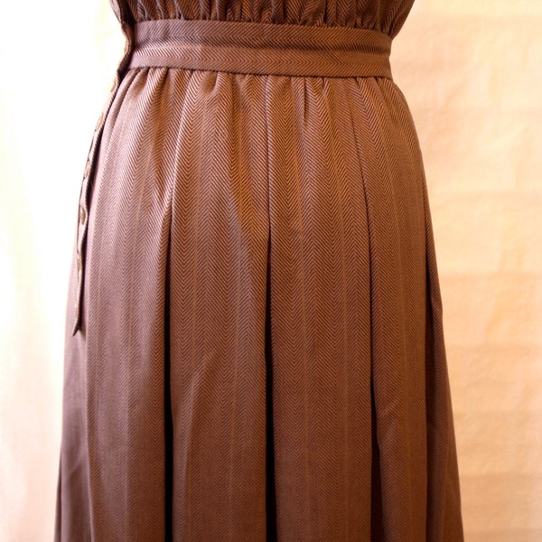 Vintage High Waist Wool Skirt, Grey Brown Herringbone Long Full Skirt, Size 6 - 8