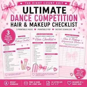 Puede incluir: Una lista de verificación imprimible de tres páginas para peinado y maquillaje de competencia de baile en rosa y blanco. El documento incluye secciones para artículos esenciales de maquillaje, requisitos de cabello y un planificador con lazos.