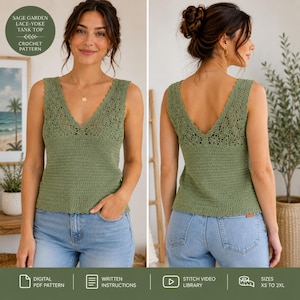 Può includere: Una canotta senza maniche color verde salvia con scollo a V, caratterizzata da un intricato motivo a uncinetto con sprone in pizzo sulla parte superiore e un design a maglia piena sulla parte inferiore. Abbinata a jeans in denim azzurro.