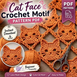 Op de afbeelding: Een digitaal PDF-patroon voor een gehaakt kattengezichtmotief met oranje garen, een versierde metalen schaar en tekst waaronder Cat Face Crochet Motif, Pattern PDF, Instant Download en Beginner Friendly op een houten ondergrond.