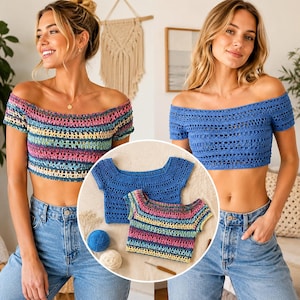 Può includere: Due top corti all'uncinetto con spalle scoperte, uno in blu tinta unita e uno con motivo a righe multicolore. I top presentano maniche corte e un design a punto traforato. Un inserto circolare mostra i due top distesi con filato e un uncinetto.