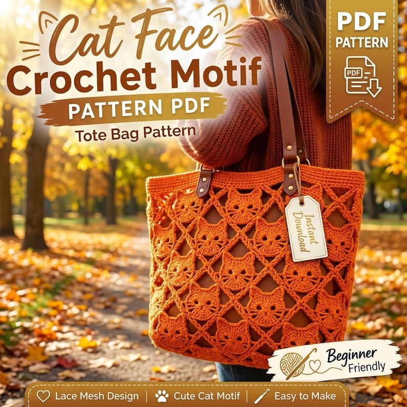 May include: An orange crochet tote bag featuring a repeating cat face motif in a lattice mesh design. The bag has brown leather straps and a white tag labeled Instant Download. Text on the image reads Cat Face Crochet Motif Pattern PDF.