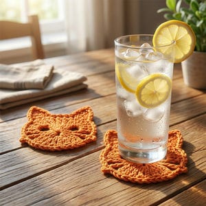 May include: Two orange crochet coasters shaped like cat faces. One coaster lies flat on the wooden surface, while the other supports a tall glass filled with ice, water, and lemon slices. The coasters feature detailed yarn stitching.