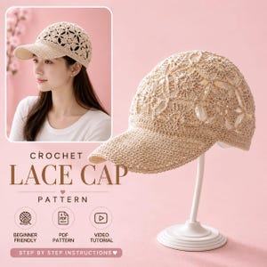 May include: A beige crochet lace cap featuring a floral motif pattern with a solid brim. The image includes text reading CROCHET LACE CAP PATTERN, BEGINNER FRIENDLY, PDF PATTERN, VIDEO TUTORIAL, and STEP BY STEP INSTRUCTIONS.