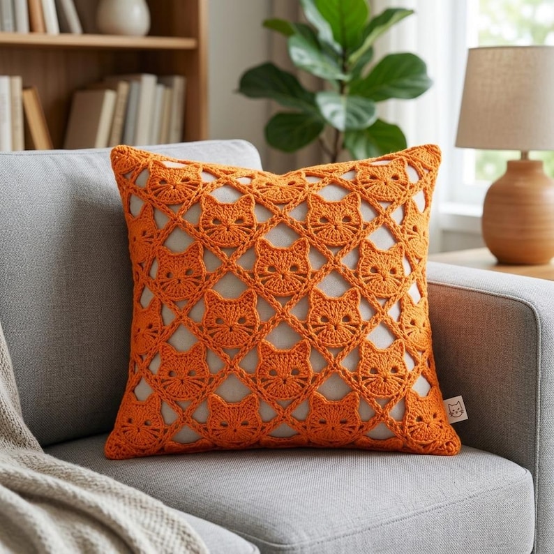 May include: A square throw pillow featuring a bright orange crocheted cover with a repeating cat face pattern. The openwork design reveals a solid light-colored fabric underneath. A small white tag with a cat icon is attached to the side.