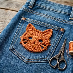 May include: A pair of blue denim jeans featuring a hand-stitched orange crochet cat face appliqu&eacute; on the back pocket. Beside the pocket are ornate silver-toned metal embroidery scissors and a small wooden spool of matching orange thread.