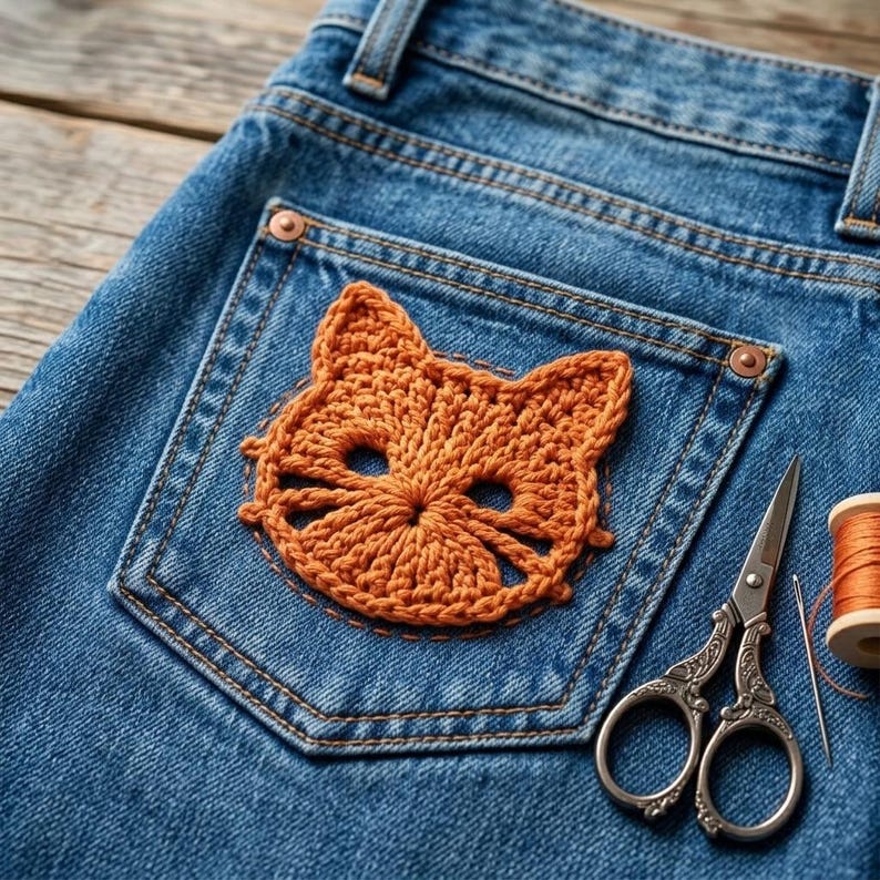 May include: A pair of blue denim jeans featuring a hand-stitched orange crochet cat face appliqu&eacute; on the back pocket. Beside the pocket are ornate silver-toned metal embroidery scissors and a small wooden spool of matching orange thread.