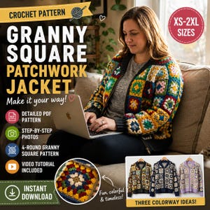 May include: A crochet pattern for a granny square patchwork jacket, available in sizes XS-2XL. The design features a multi-colored square motif, a zipper closure, and dark ribbed trim. Includes a PDF, step-by-step photos, and a video tutorial.