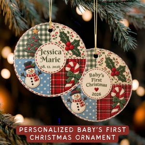 May include: Two round Christmas ornaments featuring a patchwork design of green gingham, holly leaves, blue polka dots, and red plaid. One ornament displays the text Jessica Marie 08. 12. 2026, and the other reads Baby's First Christmas 2026.