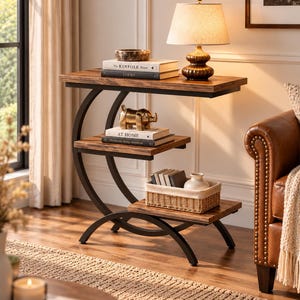 Puede incluir: Una mesa auxiliar de tres niveles con un marco de metal negro en forma de C y estantes de madera oscura. El estante superior sostiene una lámpara y libros titulados The Kinfolk Home y Loewe. El estante central sostiene una figura de rinoceronte.