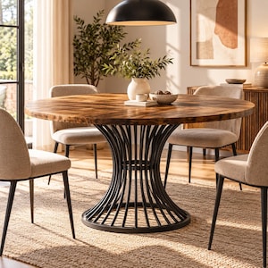Peut inclure: Une table à manger ronde avec un plateau en bois au grain naturel et un pied central en métal noir composé de lattes verticales incurvées, entourée de quatre chaises rembourrées beiges avec des pieds en métal noir, formant un ensemble.